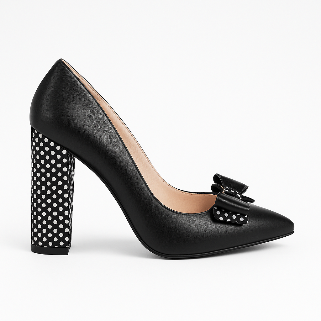 Pantofi Dama Din Piele Naturala Negru Cu Funda Și Toc Îmbrăcat 871
