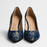 Pantofi Dama Din Piele Naturala Bleumarin Velur Cu Flori