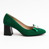 Pantofi Dama Din Piele Naturala Verde Velur Cu Accesoriu