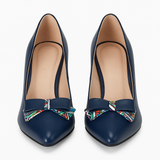 Pantofi Dama Din Piele Naturala Bleumarin Cu Fundă Și Toc Îmbrăcat 814