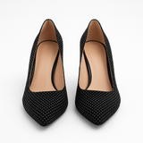 Pantofi Dama Din Piele Naturala Negru Velur Cu Buline Albe 558