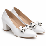 Pantofi Dama Din Piele Naturala Alb+ Fundă Cu Buline 814