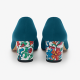 Pantofi Dama Din Piele Naturala Turcoaz Velur Cu Funda Și Toc Îmbrăcat 814