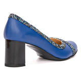 Pantofi cu toc gros din piele naturala albastra 2127