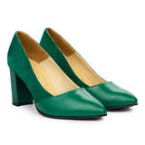 Pantofi dama toc gros din piele naturala verde 750