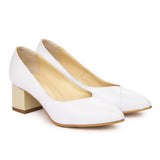 Pantofi dama toc gros din piele naturala alba 2014